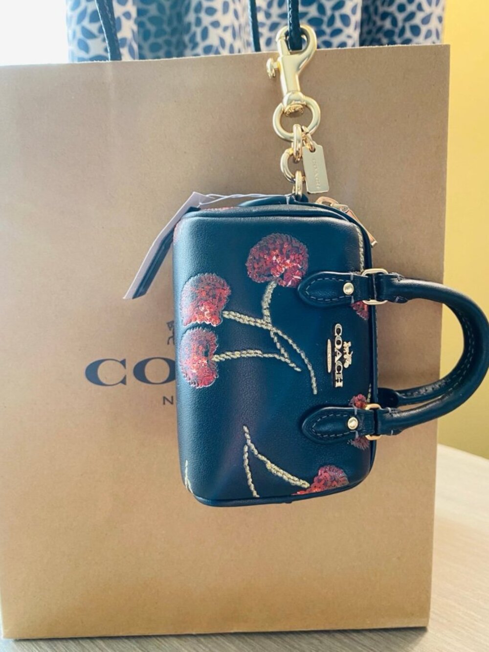 COACH CDB17 Mini Rowan Bag Charm Cherry Print Smooth Leather Gold/Black Multi - Picture 6 of 6